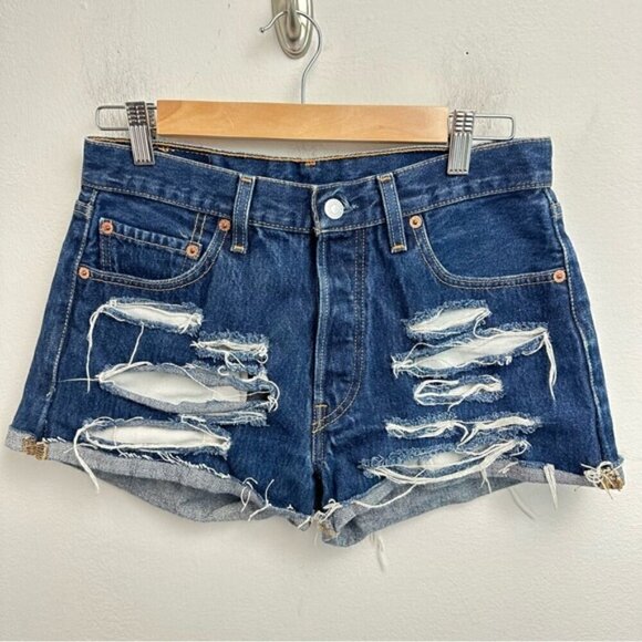 Levi’s Vintage 501 Size 30 Distressed Cut off Denim Shorts Dark Wash - Picture 1 of 6